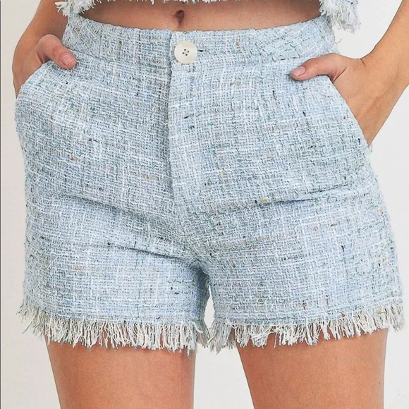 Grace Blue Tweed Raw Hem Shorts - Picture 5 of 6